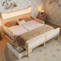 Flieks Kinderbett 140x200cm mit Led und Rausfallschutz, Holzbett Jugendbett Doppelbett mit Schublade und Staufach, Naturbelassen