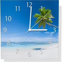 Wallario Design Wanduhr Weißer Sandstrand am Meer - Ein Traum unter Palmen aus Aluverbund, Größe 30 x 30 cm