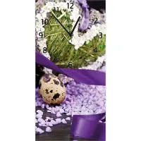 Wallario Design Wanduhr bedruckt, Größe 30 x 60 cm, Motiv: Ostern - Stillleben II - Bunte Eier, Herzen und Tulpen