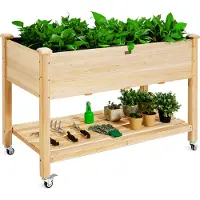 Costway Hochbeet 120x59x84 cm, Erhöhtes Pflanzkübel aus Holz mit Ablagefach, feststellbaren Rädern&Schutzfutter, Pflanzkasten Kräuterbeet Blumenkasten
