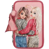 Depesche 13639 TOPModel Leoheart - Gefüllte 3-Fach Federtasche in Rosa und Rot, mit Model Motiv und Leo-Print, Federmappe mit Buntstiften, Schere, Lineal UVM.