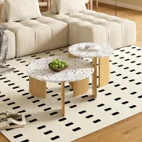 OKWISH Couchtisch 2er-Set, Satztisch Beistelltisch für Schlafzimmer Balkon, Satztische fürs Wohnzimmer, Wohnzimmertisch und Balkon, Moderner zusammensetzbarer Couchtisch, Weiß+ Holzfarbe