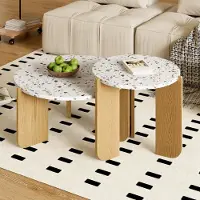 MODFU Couchtisch Wohnzimmertisch rund 2er Set für Wohnzimmer, Schlafzimmer Balkon, Beistelltisch Satztisch Sofa-Beistelltisch mit Holzrahmen, Weiß+ Holzfarbe