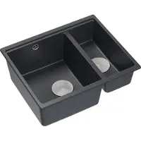 Quadron Spülbecken 1,5-Becken Spüle | Größe: 55,5 x 46 x 22 cm | LOGAN 150 | Küchenspüle Granitspüle aus GraniteQ mit Siphon | Schwarz + Stahl
