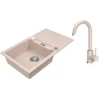 VBChome Granitspüle 76 x 44 cm Beige mit Armatur Einzelbecken Einbauspüle Reversibel Gesprenkelt Pflegeleichtes Spülbecken mit Siphon