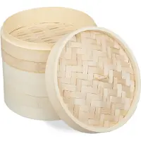 Relaxdays Bambus Dampfgarer, asiatischer Dämpfkorb mit 3 Etagen, für Dim Sum, Reis, Dampfgarer Einsatz, Ø 24 cm, natur
