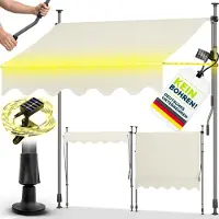 Tillvex Klemmmarkise 350 cm Sand mit Solar LED mit Handkurbel Balkon | Balkonmarkise ohne Bohren | Markise UV-beständig & höhenverstellbar | Sonnenschutz wasserdicht