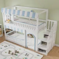 STILVORA Etagenbett 90x200 cm mit Treppenaufbewahrung und Schrank, Kinderbett mit dekorativen Fensterelementen und Lattenrost, Hochbett Weiß+Blau
