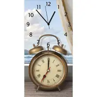 Wallario Design Wanduhr bedruckt, Größe 30 x 60 cm, Motiv: Guten Morgen sagt das Meer - Wecker und Vorhang am Fenster