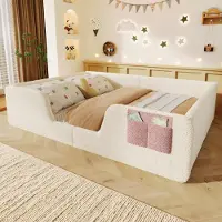 Flieks Polsterbett 140x190cm mit Lattenrost, Kinderbett mit Rausfallschutz, Schlafsofa mit abnehmbaren Arm- und Rückenlehne, Bodenbett Samt, Beige