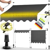 Tillvex Klemmmarkise 350 cm Grau mit Solar LED mit Handkurbel Balkon | Balkonmarkise ohne Bohren | Markise UV-beständig & höhenverstellbar | Sonnenschutz wasserdicht