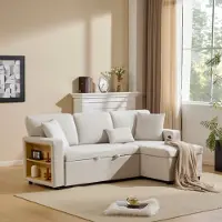 MODFU Schlafsofa,L-Form Sofa, Ecksofa mit Bettfunktion, Klappsofa mit Bettkasten und integriertem Regal, Weiß