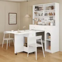 MODFU Küchenschrank Set Stauraum Hochschrank Klappbarer Esstisch Bartisch Auf Rollen Für Küche Esszimmer Wohnzimmer Weiß
