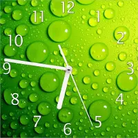 Wallario Design Wanduhr Wassertropfen auf Grün aus Echtglas, Größe 20 x 20 cm