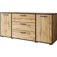 Mirjan 24 Sideboard Bogota 150, Wohnzimmer, Kommode mit zwei Drehtür und drei Schubladen (Farbe: Wotan Eiche / Wotan Eiche + Schwarzer Graphit)