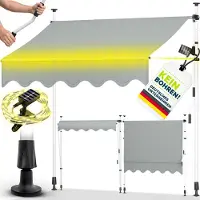 Tillvex Klemmmarkise 250 cm Hellgrau mit Solar LED mit Handkurbel Balkon | Balkonmarkise ohne Bohren | Markise UV-beständig & höhenverstellbar | Sonnenschutz wasserdicht