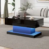 MODFU Hochglanz-Couchtisch LED ,Wohnzimmertisch Schwarz mit hydraulisch anhebbarer Tischplatte,Kaffeetisch mit integriertem Stauraum,100 x 50 x 45 cm