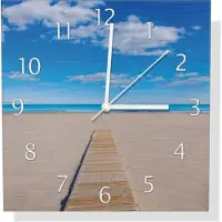 Wallario Design Wanduhr Auf dem Holzweg zum blauen Meer aus Aluverbund, Größe 30 x 30 cm