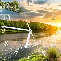Wallario Design Wanduhr Sonnenuntergang am Fluss in grüner Umgebung aus Echtglas, Größe 20 x 20 cm