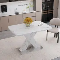 OKWISH Moderner Esstisch rechteckiger Wohnzimmertisch,Ausziehbar Beistelltisch mit Marmorplatte und X-förmigen MDF-Tischbeinen,Tisch mit Metallgestell,Weiß