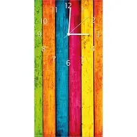 Wallario Design Wanduhr bedruckt, Größe 30 x 60 cm, Motiv: Buntes Holz - bunte Streifen mit Farbe und Holzstruktur