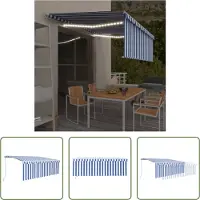 The Living Store Markise Manuell Einziehbar mit Rollo & LED 4,5x3 m Blau & Weiß
