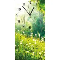 Wallario Design Wanduhr bedruckt, Größe 30 x 60 cm, Motiv: Pusteblumen im Wald mit einfallenden Sonnenstrahlen