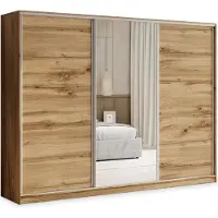 Masseno Schiebetürenschrank TARI 250/205/58 cm Kleiderschrank mit 4 Schubladen Schlafzimmer Schrank 3-türig mit Spiegel Eiche Wotan