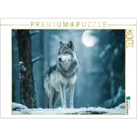 CALVENDO Puzzle Grauer Wolf im Winterwald mit Vollmond | 1000 Teile Lege-Größe 64 × 48 cm Foto-Puzzle für glückliche Stunden