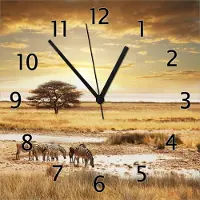 Wallario Design Wanduhr Safari in Afrika eine Herde Zebras am Wasser aus Echtglas, Größe 30 x 30 cm