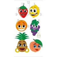 Wallario Design Wanduhr bedruckt, Größe 30 x 60 cm, Motiv: Obst-Smilies im Comic-Stil - Lustige Früchte