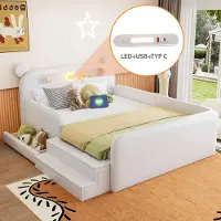Flieks Kinderbett 140x200cm mit Nachtlicht und Usb, Polsterbett in Bären-Form, Spielbett Doppelbett mit Treppe und Schublade, Kunstleder, Weiß