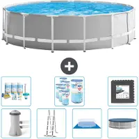 Intex Round Prism Frame Swimming Pool – 457 x 122 cm – Grau – inklusive Pumpe – Leiter – Bodenplane – Abdeckung Wartungspaket - Filter - Bodenfliesen