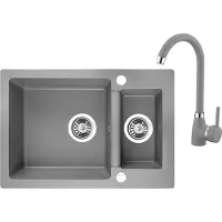 Laveo BADLAND SET Spültischarmatur und Granitspüle Doppelbecken CELIA 44x65 Grau | Siphon im SET!