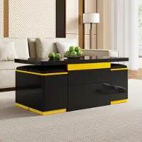MODFU Hochglanz Couchtisch mit vier Hockern mit Deckel,höhenverstellbarer Sofatisch mit Hocker mit integriertem Stauraum,Beistelltisch für moderne Wohnräume,Schwarz
