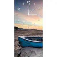 Wallario Design Wanduhr bedruckt, Größe 30 x 60 cm, Motiv: Fischerboot am Strand bei Sonnenuntergang