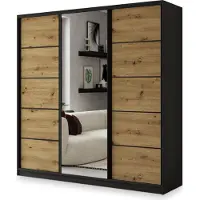 Masseno Schiebetürenschrank NATA 180/205/58 cm Kleiderschrank mit 4 Schubladen Schlafzimmer Schrank 3-türig mit Spiegel Schwarz / Eiche Artisan