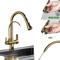 OEM Antiker Küchenwasserhahn, Ausziehbares Design, Doppelgriff, golden