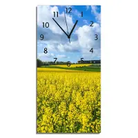 Wallario Design Wanduhr Blühendes Rapsfeld aus Echtglas, Größe 30 x 60 cm