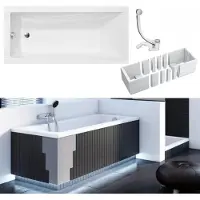 VBChome Badewanne 180 x 80 cm Weiß Acryl Wannenträger Platz für LED-Beleuchtung Styroporträger Siphon Wanne Rechteck Modern Ablaufgarnitur in Chrom