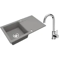 VBChome Granitspüle 76 x 44 cm Grau mit Armatur Einzelbecken Einbauspüle Reversibel Gesprenkelt Pflegeleichtes Spülbecken mit Siphon