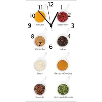 Wallario Design Wanduhr Welt der Gewürze - Übersicht über verschiedenen Gewürze II aus Echtglas, Größe 30 x 60 cm