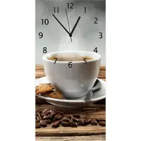 Wallario Design Wanduhr Heiße Tasse Kaffee mit Kaffeebohnen aus Echtglas, Größe 30 x 60 cm