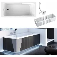 VBChome Badewanne 170 x 75 cm Weiß Acryl Wannenträger Platz für LED-Beleuchtung Styroporträger Siphon Wanne Rechteck Modern Ablaufgarnitur in Chrom