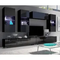 Lomadox Wohnwand mit beleuchteten Hängevitrinen in schwarz Hochglanz mit LED Beleuchtung CAIRNS-132, B/H/T ca. 300/200/43 cm