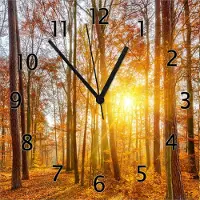 Wallario Design Wanduhr Sonnenuntergang im herbstlichen Wald aus Echtglas, Größe 30 x 30 cm