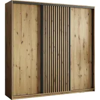 Masseno Schiebetürenschrank VONTE 200/205/60 cm Kleiderschrank mit Lamellen und Schubladen Schlafzimmer Schrank 3-türig Eiche Artisan + Schwarz