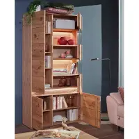 Lomadox Wohnwand in Eiche massiv geölt mit Lowboard, Vitrine, Wandboard & LED-Beleuchtung, 3-teilig - WELLAND-69