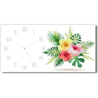 Tulup Wanduhr aus Glas – 60x30 cm - Glasbild - Glasuhr - Gehärtetes Glas - weisse-zeiger - Hawaii-Blumen