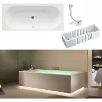 VBChome Badewanne 180 x 80 cm Weiß Acryl Wannenträger Platz für LED-Beleuchtung Styroporträger Siphon Wanne Rechteck Modern Ablaufgarnitur in Chrom